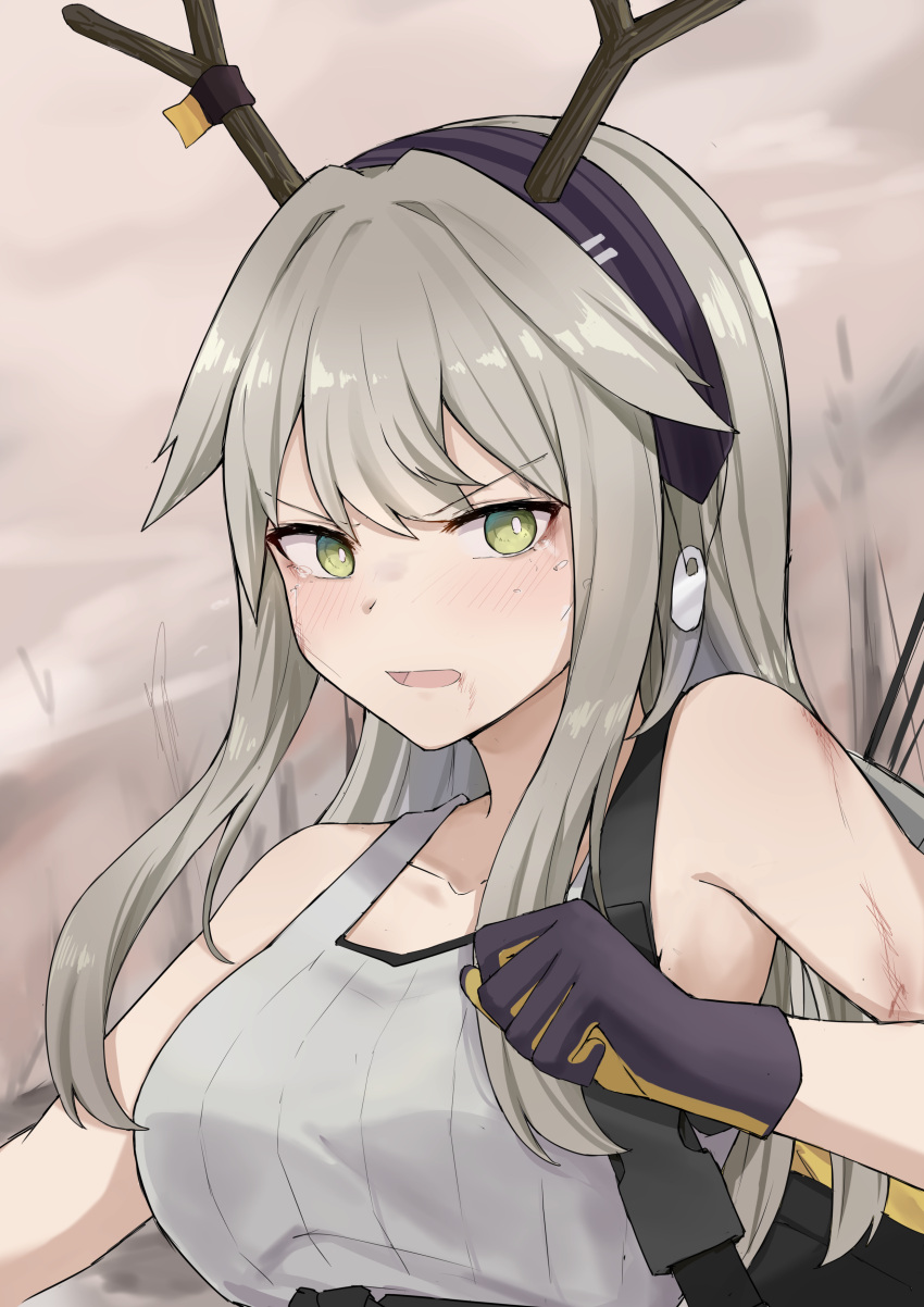 1girl absurdres antlers arknights bag black_gloves black_hairband blush breasts brown_hair bruise chinese_commentary collarbone dog_tags firewatch_(arknights) firewatch_(wilted_cypress)_(arknights) gloves green_eyes grey_shirt hairband highres injury large_breasts long_hair looking_at_viewer mango_(mgo) official_alternate_costume open_mouth reindeer_antlers shirt shoulder_bag sleeveless sleeveless_shirt solo upper_body v-shaped_eyebrows