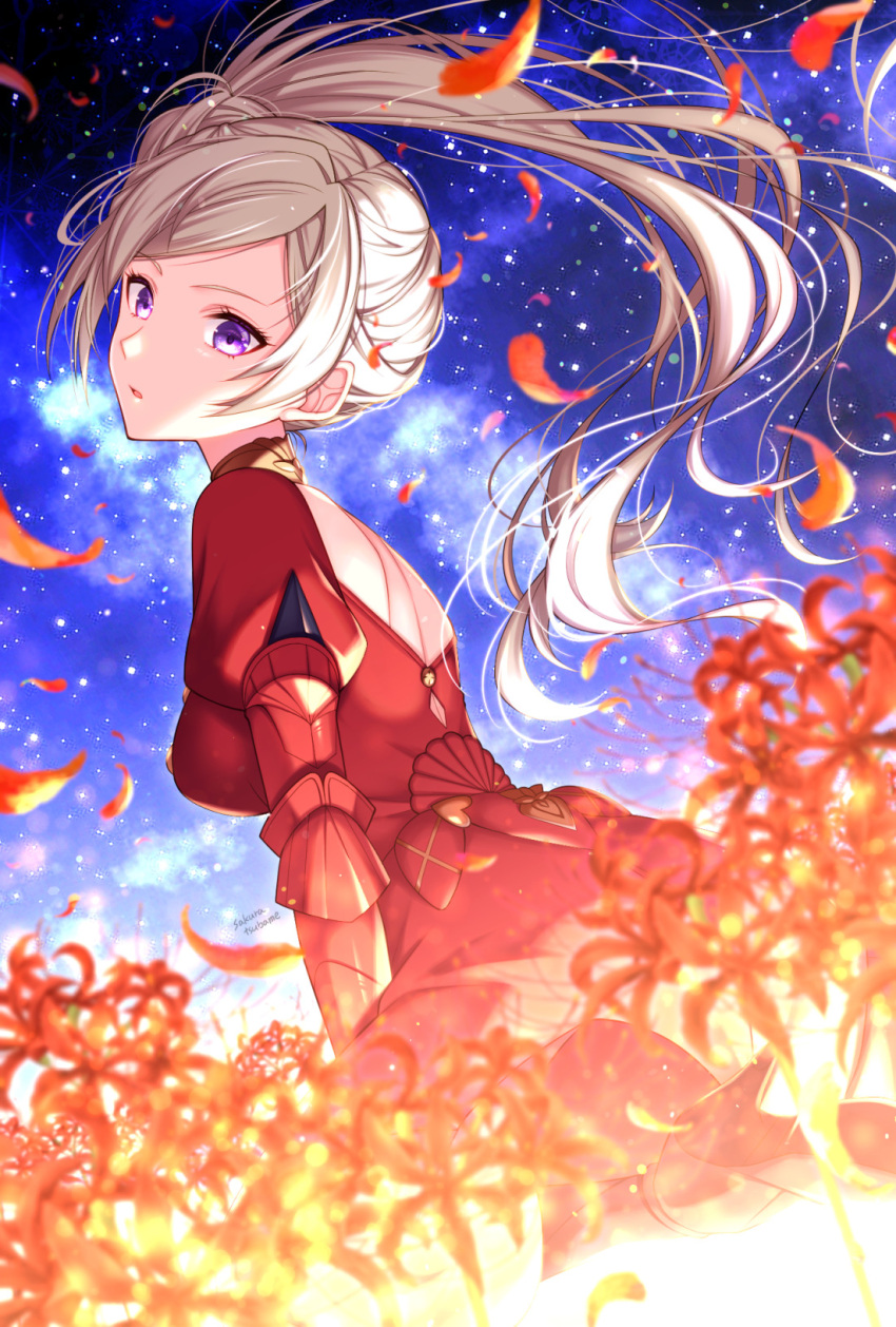 1girl blurry blurry_foreground breasts brown_hair commentary_request depth_of_field dress edelgard_von_hresvelg fire_emblem fire_emblem:_three_houses flower from_side highres juliet_sleeves long_hair long_sleeves looking_at_viewer looking_to_the_side medium_breasts night night_sky outdoors parted_lips petals puffy_sleeves red_dress red_flower sakura_tsubame side_ponytail sky solo spider_lily star_(sky) starry_sky very_long_hair violet_eyes
