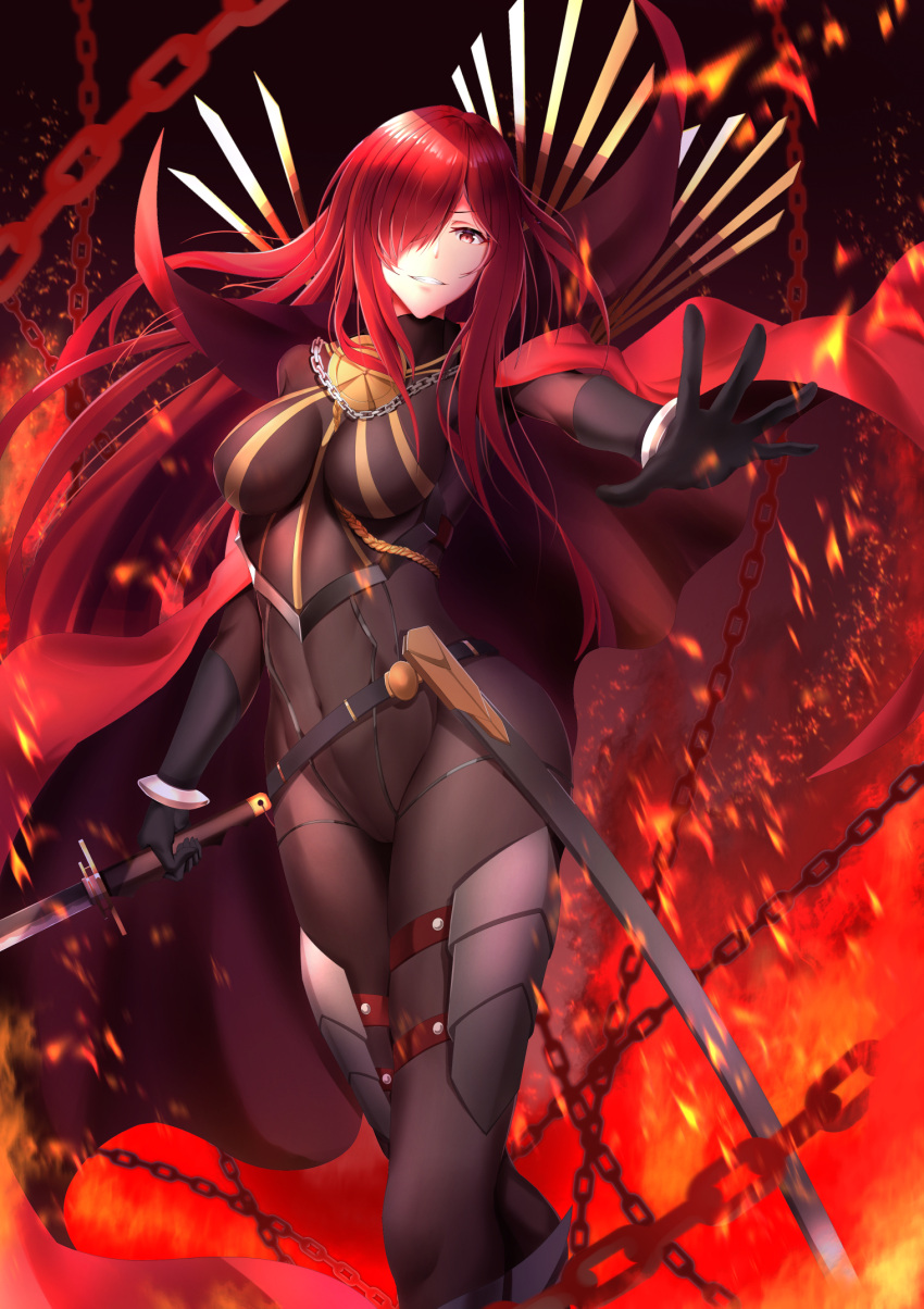 1girl armored_boots black_bodysuit bodysuit boots cape collared_cape fate/grand_order fate_(series) hair_over_one_eye highres lanceralter1 oda_nobunaga_(fate) oda_nobunaga_(fate)_(all) oda_nobunaga_(maou_avenger)_(fate) oda_uri popped_collar red_cape red_eyes redhead smile solo