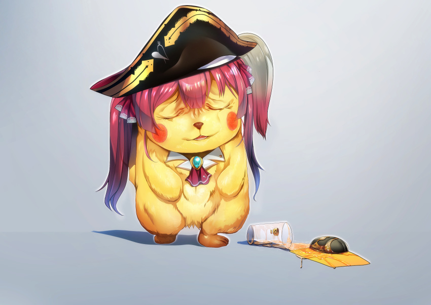 ascot bangs bicorne black_headwear brooch detective_pikachu detective_pikachu_(movie) gen_1_pokemon gradient gradient_background hair_ribbon hat highres hololive houshou_marine jewelry long_hair mouse_(computer) mousepad_(medium) no_humans parody pikachu pirate_hat pokemon red_neckwear red_ribbon redhead ribbon silly_(marinkomoe) solo spill twintails virtual_youtuber wrinkled_frown_(detective_pikachu)