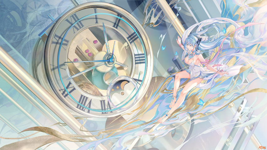 1girl anklet artist_name atdan bangs bare_legs barefoot blue_butterfly blue_eyes blue_hair blue_nails breasts bug butterfly butterfly_hair_ornament cangqiong clock closed_mouth commentary dress english_commentary full_body gears hair_between_eyes hair_ornament highres insect jewelry large_breasts long_hair looking_away midair nail_polish pelvic_curtain roman_numeral sleeveless sleeveless_dress smile solo synthesizer_v very_long_hair white_dress wide_shot wristband