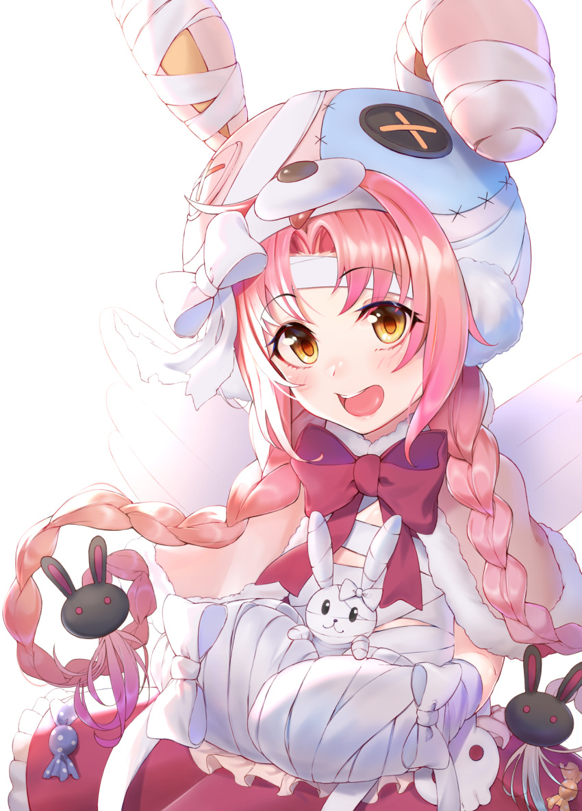 1girl :d blush earmuffs halloween hat highres looking_at_viewer mimi_(princess_connect!) open_mouth pink_hair princess_connect! shimon_(31426784) smile solo trick_or_treat white_background wings yellow_eyes