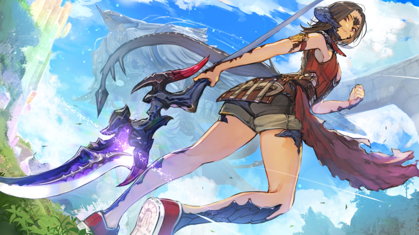 1girl au_ra black_horns breasts brown_hair day dragon_horns dragon_tail dutch_angle eden_(ff8) final_fantasy final_fantasy_xiv from_below hide_(hideout) holding holding_weapon horns looking_at_viewer medium_breasts medium_hair outdoors red_eyes scales shorts sleeveless solo standing tail weapon