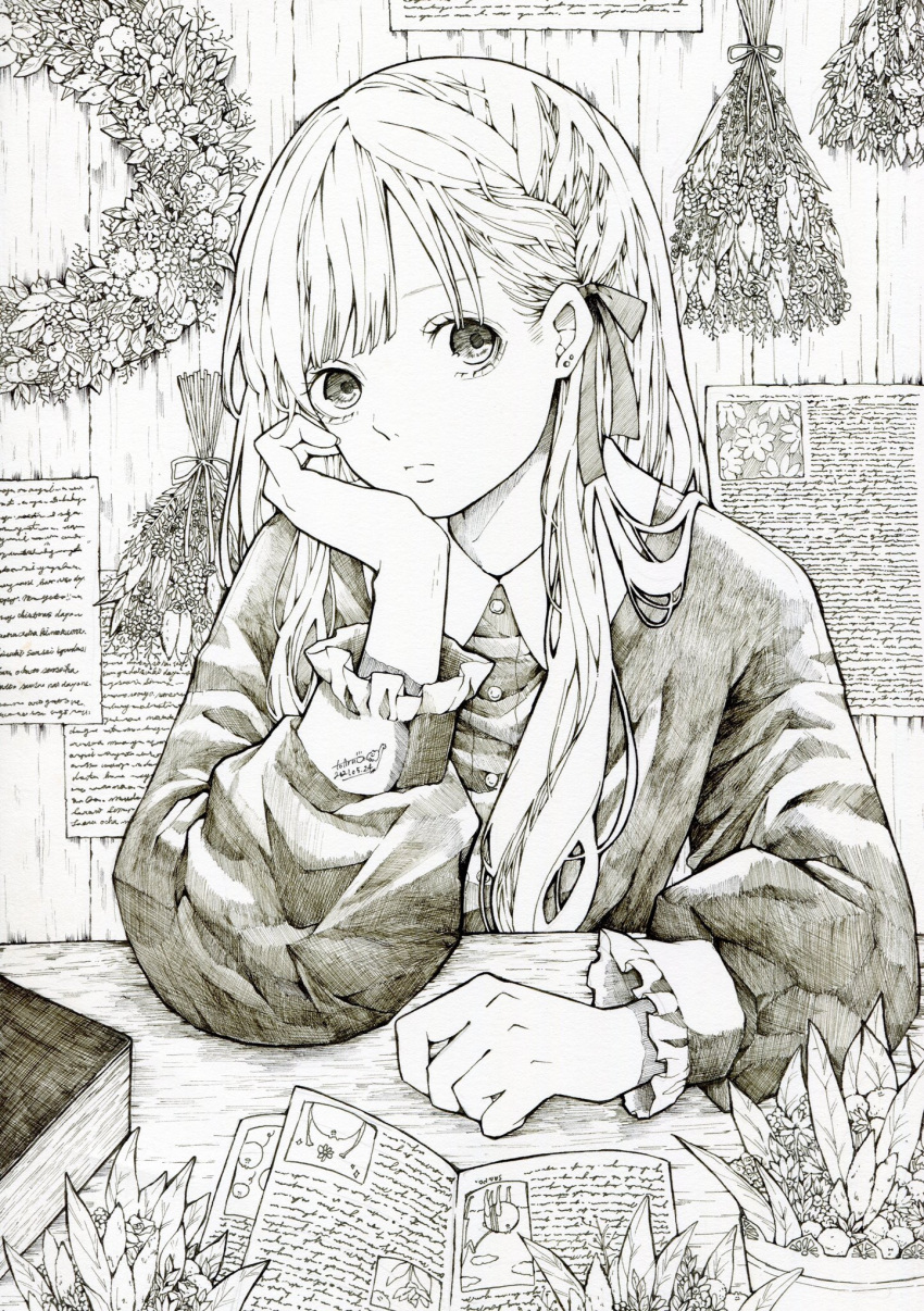 1girl black_ribbon black_shirt book earrings expressionless frilled_sleeves frills greyscale hair_ribbon head_rest highres jewelry long_sleeves looking_at_viewer monochrome open_book original plant ribbon shirt solo toaruocha upper_body wreath