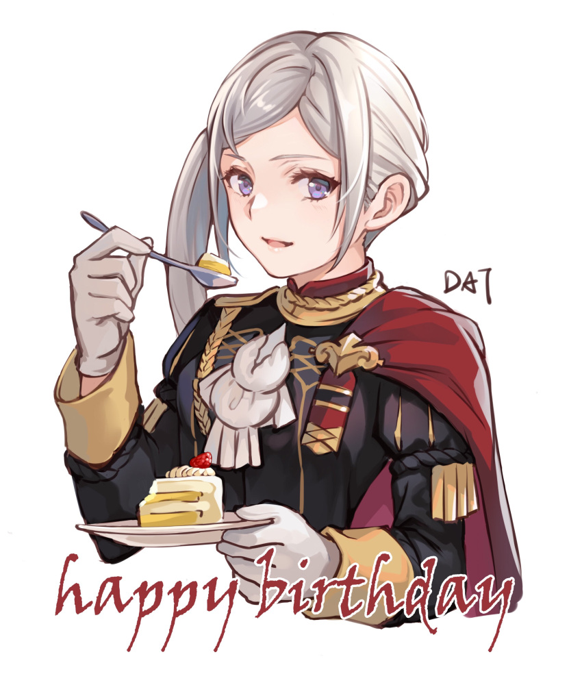 1girl :d absurdres black_jacket cake commentary_request da-cart edelgard_von_hresvelg fire_emblem fire_emblem:_three_houses food garreg_mach_monastery_uniform gloves hand_up happy_birthday highres holding holding_plate holding_spoon jacket juliet_sleeves long_hair long_sleeves looking_at_viewer open_mouth plate puffy_sleeves side_ponytail sidelocks silver_hair simple_background smile solo spoon upper_body violet_eyes white_background white_gloves white_neckwear
