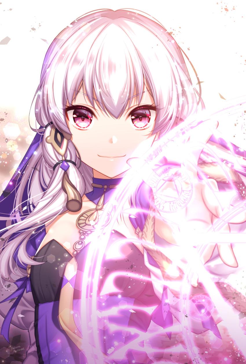 1girl commentary_request dress fire_emblem fire_emblem:_three_houses flat_chest hair_between_eyes highres long_hair looking_at_viewer lysithea_von_ordelia magic magic_circle purple_dress sakura_tsubame sidelocks silver_hair smile solo violet_eyes