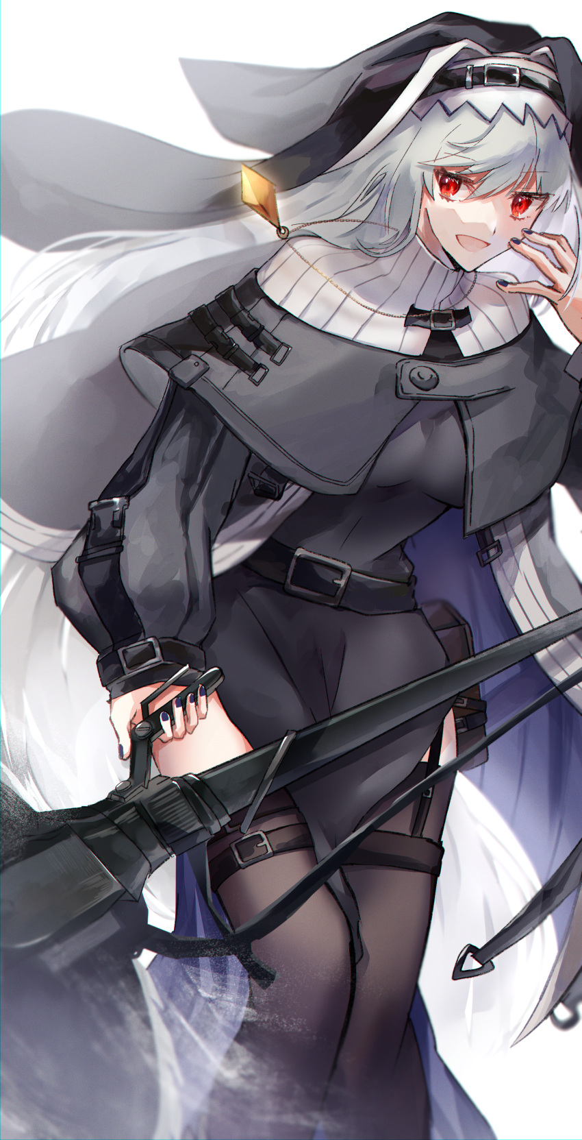 1girl :d absurdres amadzuka_midori arknights bangs belt black_belt black_dress black_headwear black_legwear breasts capelet circular_saw coat dress feet_out_of_frame garter_straps grey_capelet grey_hair habit hair_between_eyes hand_up highres holding holding_weapon huge_filesize jewelry long_hair looking_away looking_to_the_side nail_polish necklace nun off_shoulder open_clothes open_coat open_mouth pelvic_curtain pouch purple_nails red_eyes ribbed_sweater sideways_glance signature small_breasts smile specter_(arknights) sweater thigh-highs turtleneck turtleneck_sweater weapon white_sweater