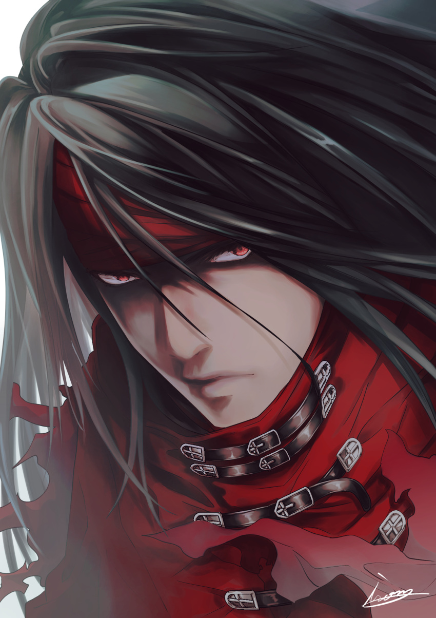 1boy black_hair cloak final_fantasy final_fantasy_vii frown glaring headband highres long_hair looking_at_viewer messy_hair moriiiiiiiiiinn red_cloak red_eyes red_headband torn_clothes vincent_valentine white_background