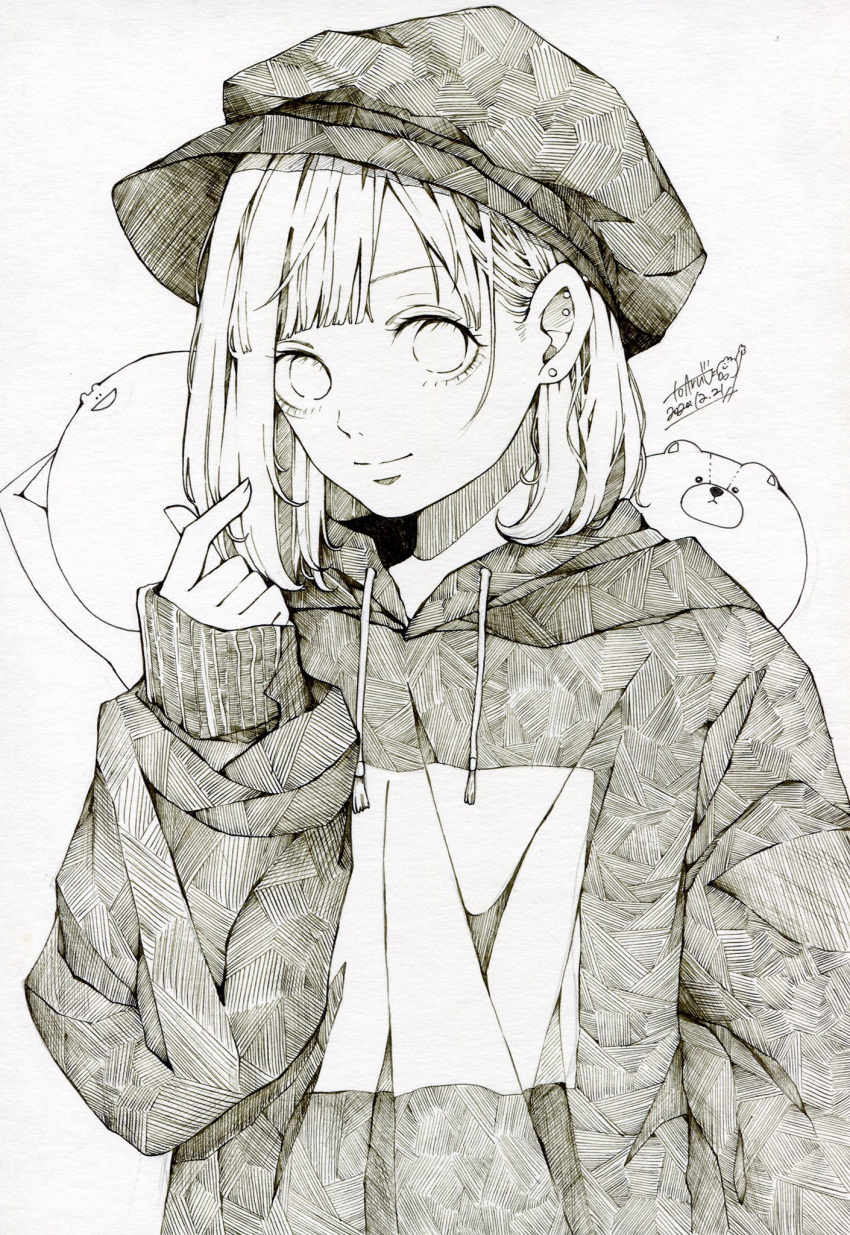 1girl black_headwear dated drawstring earrings greyscale hair_behind_ear highres hood hood_down hoodie jewelry looking_at_viewer monochrome original print_hoodie shadow signature simple_background sleeves_past_wrists solo toaruocha white_background white_eyes