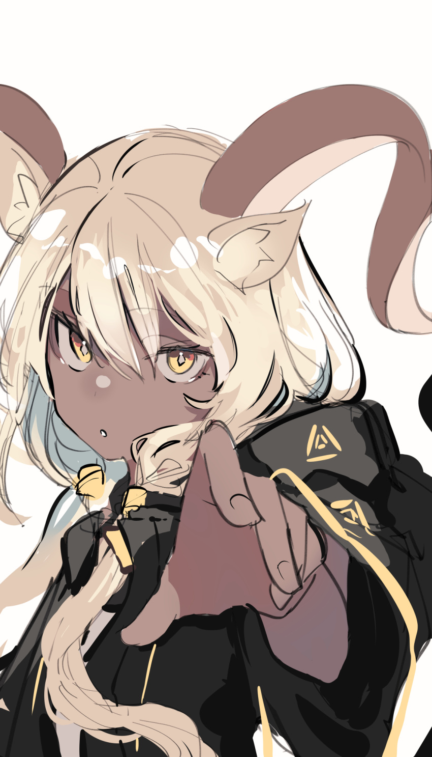 1girl animal_ears arknights beeswax_(arknights) black_jacket brown_hair dark-skinned_female dark_skin goat_ears goat_girl goat_horns highres horns jacket long_hair looking_at_viewer one-hour_drawing_challenge reaching_out simple_background sketch solo tetuw upper_body white_background yellow_eyes