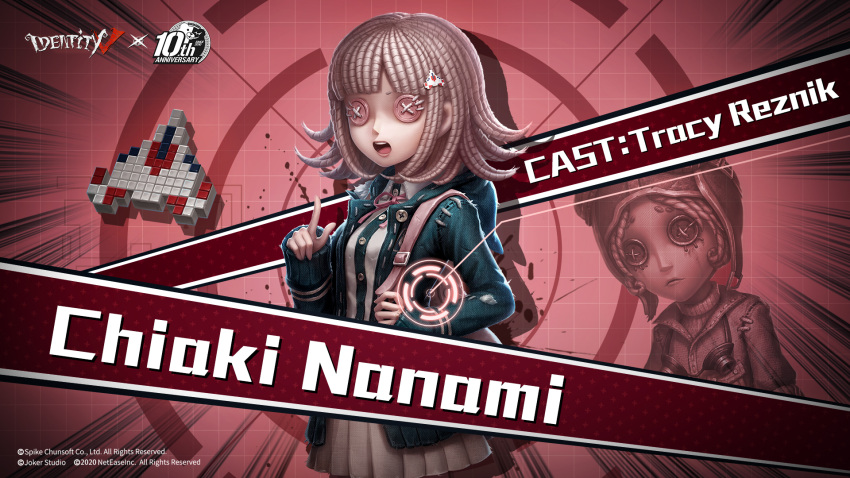 2girls bangs black_jacket black_shirt blunt_bangs brown_skirt buttons character_name collared_shirt dangan_ronpa_(series) dangan_ronpa_2:_goodbye_despair dress_shirt flipped_hair hair_ornament hairclip hand_up highres hood hooded_jacket identity_v jacket looking_at_viewer medium_hair multiple_girls nanami_chiaki neck neck_ribbon official_art open_mouth pink_eyes pink_hair pleated_skirt ribbon ribbon-trimmed_clothes ribbon_trim shirt skirt sleeves_past_wrists solo_focus spaceship_hair_ornament teeth third-party_source white_shirt