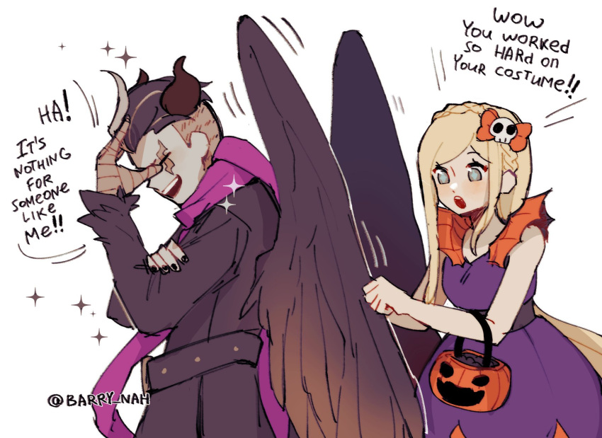 1boy 1girl :o arm_up bandaged_hand bangs bare_shoulders barry_nah black_nails blonde_hair bow braid breasts dangan_ronpa_(series) dangan_ronpa_2:_goodbye_despair demon_horns demon_wings dress english_text from_side green_eyes hair_ornament halloween halloween_bucket hand_up highres horns long_hair medium_breasts open_mouth orange_bow pink_scarf purple_dress scarf simple_background skull_hair_ornament sonia_nevermind sparkle tanaka_gandamu twitter_username upper_teeth white_background wings