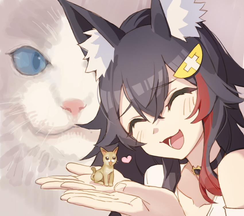 1girl animal_ears animal_on_hand black_hair cat closed_eyes hair_ornament hairclip heart highres hololive kitten long_hair ookami_mio taiga_(ookami_mio) tugo wolf_ears