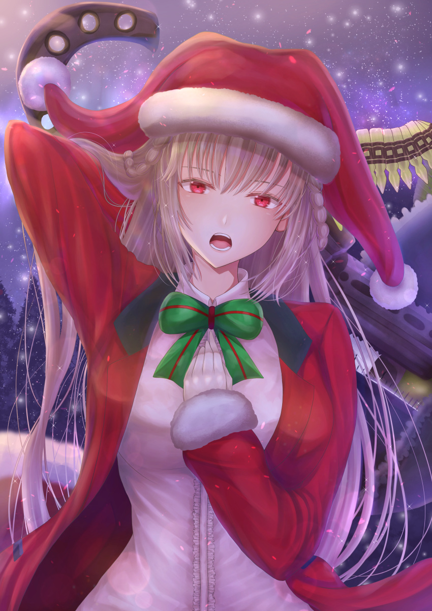 1girl absurdres bangs blouse breasts coat fate/grand_order fate_(series) florence_nightingale_(santa)_(fate) green_ribbon hat highres huge_filesize long_hair looking_at_viewer night night_sky open_mouth penguintake pink_hair red_coat red_eyes red_headwear ribbon santa_costume santa_hat sky snowing solo star_(sky) tree upper_body