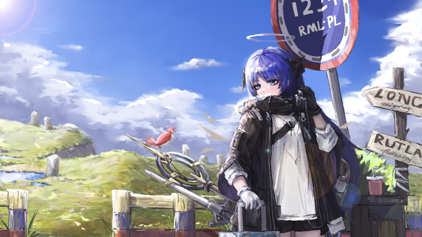 1girl arknights backpack bag bangs black_gloves black_horns black_jacket blue_eyes blue_hair blue_sky bottle chinese_commentary clouds commentary_request day drink earphones earphones eyebrows_visible_through_hair fence fur-trimmed_jacket fur_trim gloves halo holding holding_earphones holding_suitcase horns jacket leaning_on_object long_sleeves mismatched_gloves mostima_(arknights) mountain open_clothes open_jacket oreshki road_sign scenery shirt sign sky suitcase sunlight trash_can weapon weapon_on_back white_gloves white_shirt