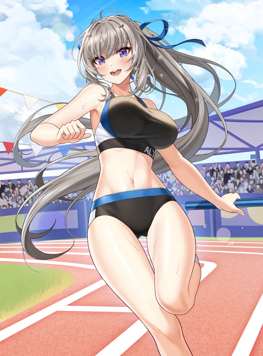1girl 2qba :d absurdres armpits bare_arms bare_shoulders black_buruma blue_eyes breasts buruma counter_side crop_top day floating_hair grey_hair hair_ornament hair_ribbon highres large_breasts leg_up long_hair looking_at_viewer midriff navel open_mouth outdoors ponytail ribbon running seo_yoon sleeveless smile solo sports_bra stomach sweat thighs track_and_field very_long_hair