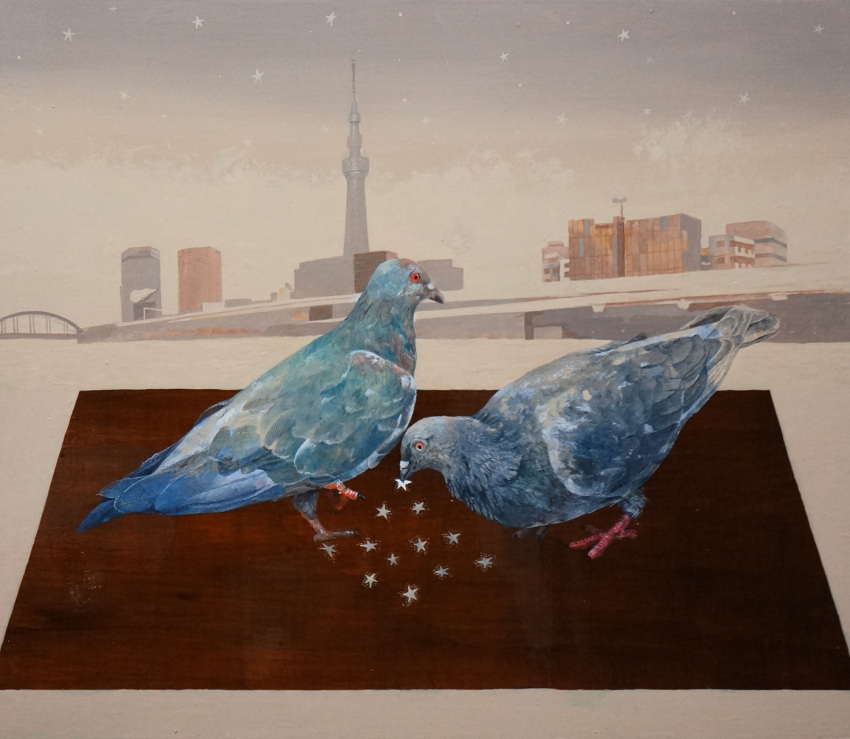 acrylic_paint_(medium) animal bird blue_feathers bridge building cityscape dove eating highres no_humans orange_eyes original red_eyes senzaki-ryosuke sky star_(sky) star_(symbol) starry_sky tower traditional_media