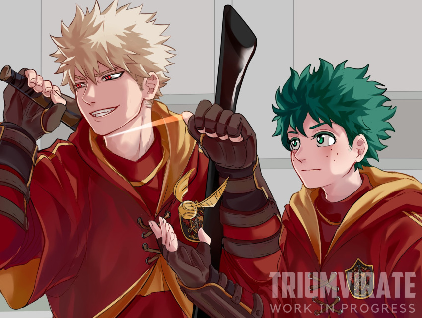 2boys alternate_costume bakugou_katsuki bangs baseball_bat blonde_hair boku_no_hero_academia broom brown_gloves cloak commentary english_commentary english_text fangs fingerless_gloves flying freckles gloves green_eyes green_hair grey_background grin gryffindor hair_between_eyes harry_potter highres holding male_focus midoriya_izuku multiple_boys quidditch red_cloak red_eyes rin_(rinriemie) smile teeth upper_body wings