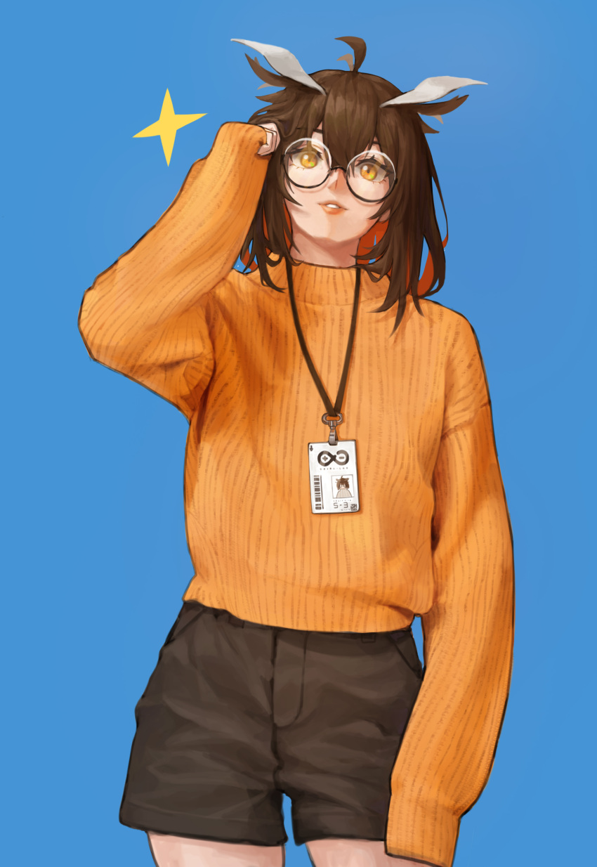 1girl absurdres adjusting_eyewear ahoge arknights bangs barcode blue_background brown_hair brown_shorts commentary cowboy_shot feather_hair glasses hair_between_eyes hand_up highres id_card lanyard leotard lips long_sleeves looking_at_viewer medium_hair myomu orange_eyes orange_sweater parted_lips rhine_lab_logo ribbed_leotard shorts silence_(arknights) simple_background sleeves_past_fingers sleeves_past_wrists solo sparkle sweater