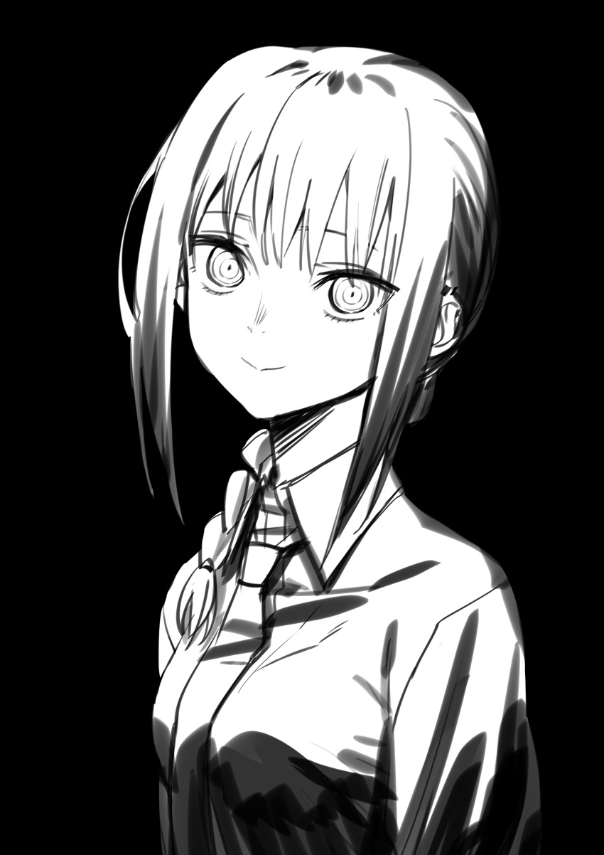 1girl absurdres bangs black_background braid breasts closed_mouth collared_shirt copyright_request eyebrows_behind_hair greyscale hair_over_shoulder highres looking_at_viewer monochrome necktie shirt sidelocks single_braid small_breasts smile solo syhan upper_body