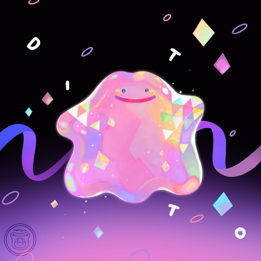 artist_name commentary confetti ditto full_body gen_1_pokemon gummy_(happyyu) highres no_humans open_mouth pokemon pokemon_(creature) purple_ribbon ribbon smile solo watermark