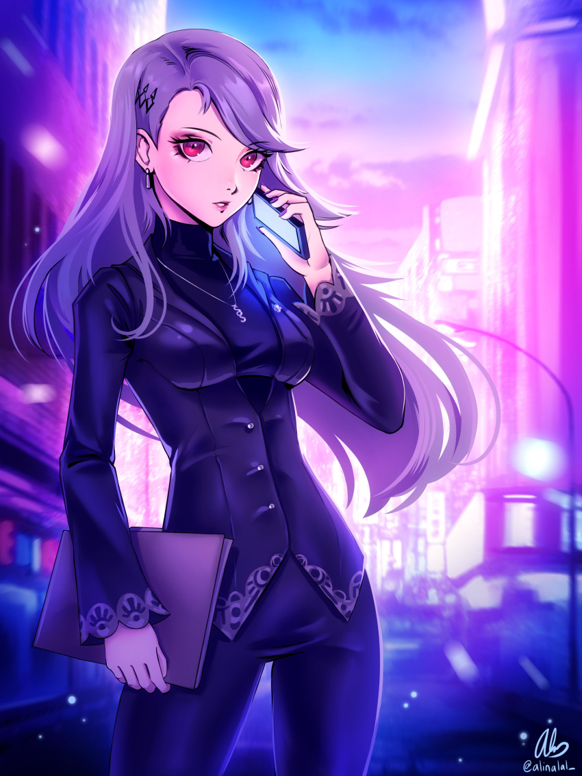 1girl absurdres alina_l black_jacket black_pants blue_sky cellphone earrings hair_behind_ear hair_ornament highres holding holding_phone jacket jewelry looking_at_viewer necklace niijima_sae outdoors pants persona persona_5 phone red_eyes silver_hair sky smartphone standing turtleneck