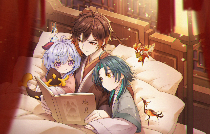 1girl 2boys ahoge animal bangs bed bird black_hair blanket blue_hair blurry blurry_foreground book brown_hair child chinese_clothes closed_mouth cloud_retainer_(genshin_impact) crane_(animal) curtains deer diamond-shaped_pupils diamond_(shape) english_commentary eyebrows_visible_through_hair eyeliner facial_mark father's_day forehead_mark ganyu_(genshin_impact) genshin_impact goat_horns gradient_hair green_hair hair_between_eyes highres holding holding_book horns light_particles long_hair long_sleeves makeup moon_carver_(genshin_impact) mountain_shaper_(genshin_impact) multicolored_hair multiple_boys open_book open_mouth orange_hair parted_bangs pillow rex_lapis_(genshin_impact) short_hair_with_long_locks slit_pupils smile stuffed_animal stuffed_toy symbol-shaped_pupils translation_request twitter_username two-tone_hair violet_eyes wide_sleeves xiao_(genshin_impact) yellow_eyes younger yue_yue1102 zhongli_(genshin_impact)