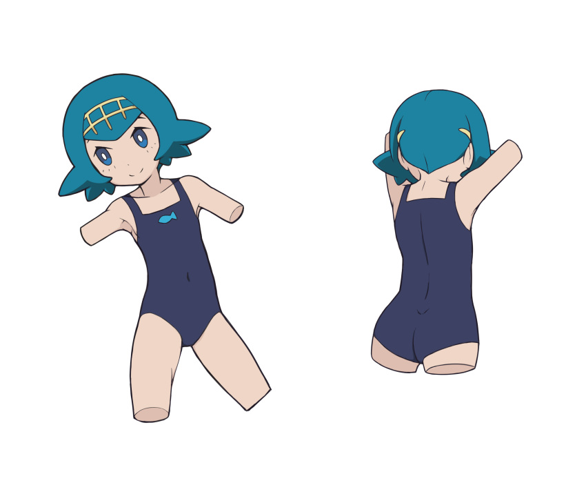 1girl arms_up bangs bare_arms black_swimsuit blue_eyes blue_hair bright_pupils closed_mouth collarbone commentary_request covered_navel hairband highres lana_(pokemon) legs_apart looking_to_the_side multiple_views no_sclera one-piece_swimsuit outstretched_arm pokemon pokemon_(game) pokemon_sm short_hair simple_background smile squid_neetommy swimsuit trial_captain wedgie white_background white_pupils yellow_hairband