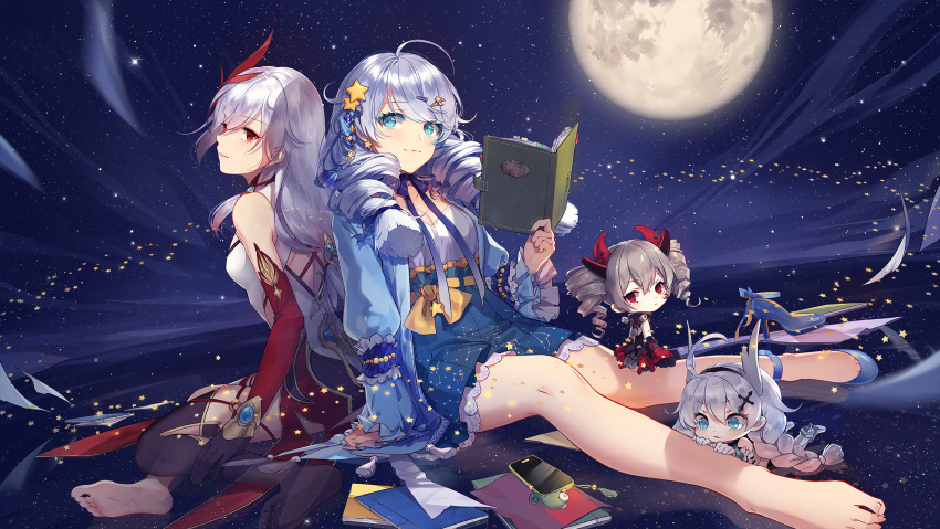 2girls antenna_hair bangs bare_shoulders barefoot benghuai_xueyuan blue_eyes book braid bronya_zaychik bronya_zaychik_(black_nucleus) cellphone chibi chibi_inset china_dress chinese_clothes dress drill_hair fu_hua fu_hua_(phoenix) full_body full_moon grey_hair hair_between_eyes highres honkai_(series) honkai_impact_3rd kiana_kaslana kiana_kaslana_(knight_moonbeam) long_hair long_sleeves looking_at_another moon multiple_girls night night_sky official_art phone red_eyes shoes shoes_removed sitting sitting_on_floor sky star_(sky) toes twin_braids twin_drills white_hair