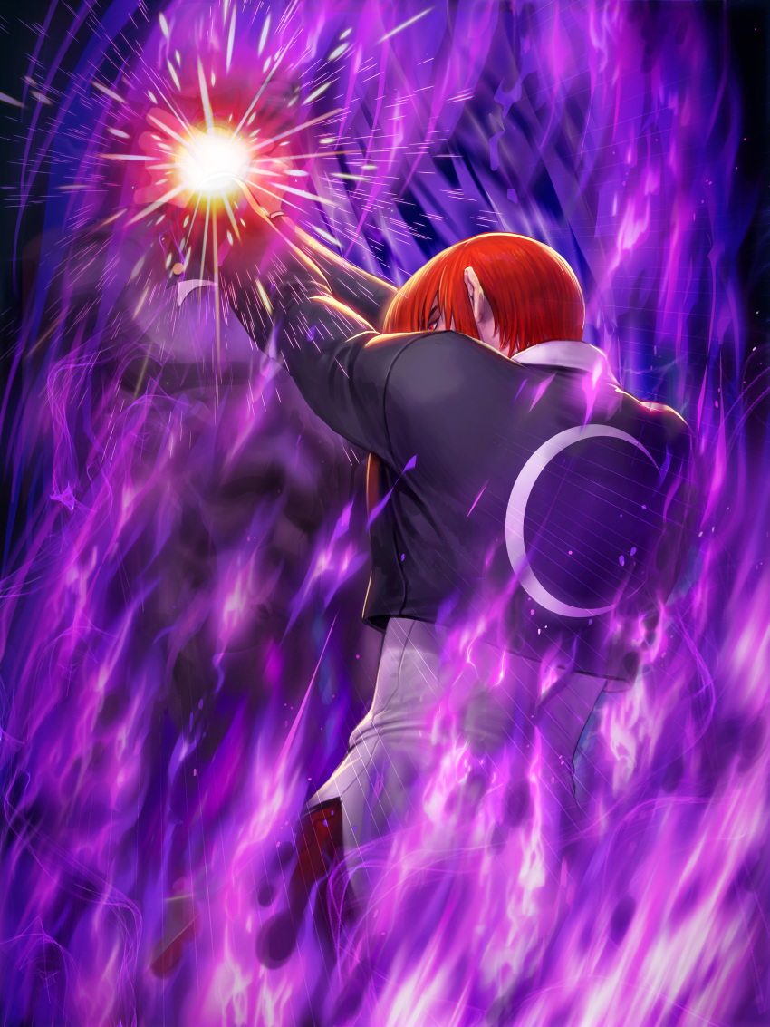 absurdres aura collar fighting_game fire flaming_hand glowing grabbing hand_on_another's_neck highres jacket male_focus moon_print multiple_boys neck_grab neck_lift official_art pants purple_fire pyrokinesis redhead snk standing strangling the_king_of_fighters the_king_of_fighters_all-stars unbuttoned_sleeves yagami_iori