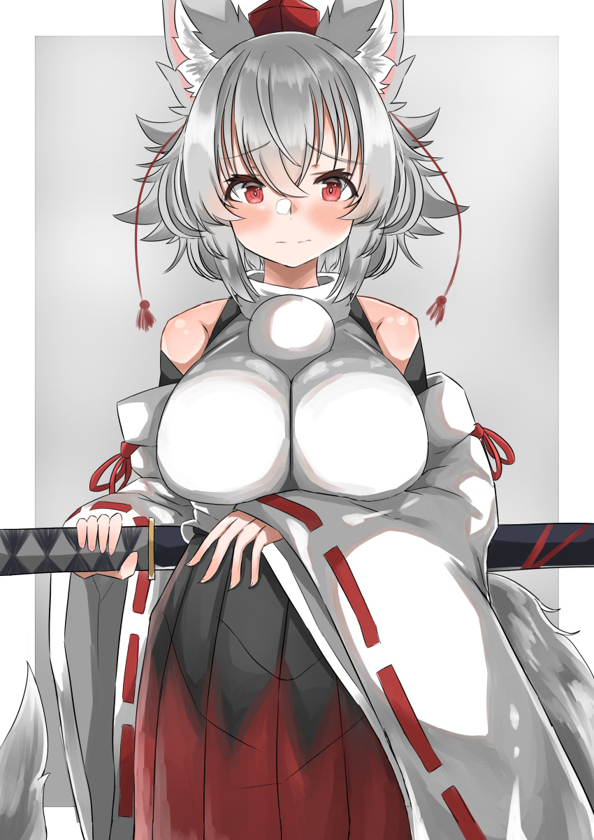 1girl absurdres animal_ears bangs bare_shoulders black_skirt border breasts closed_mouth cowboy_shot detached_sleeves eyebrows_visible_through_hair grey_background grey_hair hat highres holding holding_sword holding_weapon inubashiri_momiji large_breasts looking_at_viewer multicolored multicolored_clothes multicolored_skirt pom_pom_(clothes) red_eyes red_headwear red_skirt regua ribbon-trimmed_sleeves ribbon_trim shirt short_hair simple_background skirt solo standing sword tail tokin_hat touhou weapon white_border white_shirt wide_sleeves wolf_ears wolf_tail