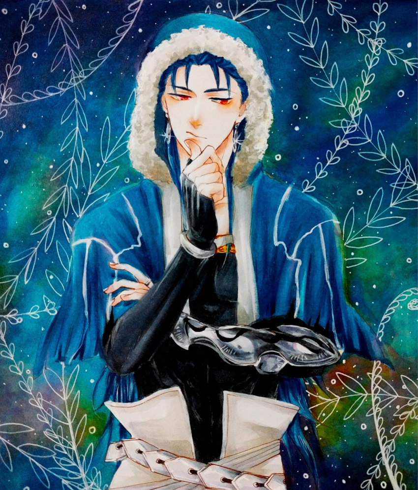 1boy blue_hair closed_mouth cu_chulainn_(caster)_(fate) cu_chulainn_(fate)_(all) earrings fate/grand_order fate_(series) highres jewelry long_hair male_focus red_eyes solo traditional_media zeroitsu