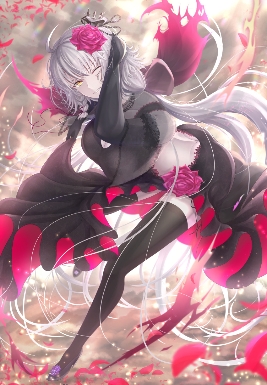 1girl absurdres ahoge bangs black_dress black_gloves black_legwear breasts clouds dress elbow_gloves fate/grand_order fate_(series) flower gloves hair_flower hair_ornament highres huge_filesize jeanne_d'arc_(alter)_(fate) jeanne_d'arc_(fate)_(all) light long_hair looking_at_viewer one_eye_closed open_mouth penguintake petals ribbon silver_hair smile solo standing standing_on_one_leg sunlight teeth thigh-highs very_long_hair wind yellow_eyes