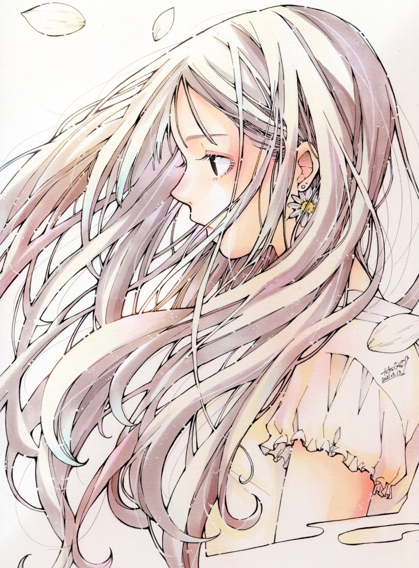 1girl black_eyes dated earrings floating_hair flower flower_earrings frilled_sleeves frills hair_behind_ear highres jewelry long_hair original petals profile short_sleeves signature simple_background solo toaruocha upper_body white_background white_flower white_hair