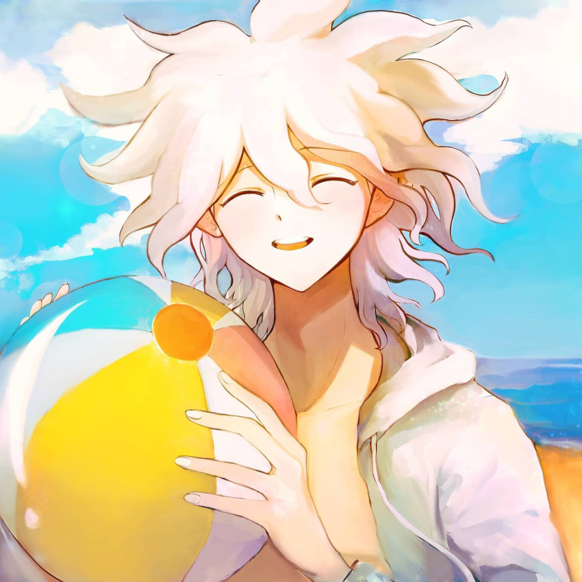 1boy a_po_(liuxiaobo0413) ball bangs beach beachball closed_eyes dangan_ronpa_(series) dangan_ronpa_2:_goodbye_despair dangan_ronpa_s:_ultimate_summer_camp day eyebrows_visible_through_hair facing_viewer hair_between_eyes highres holding holding_ball jacket komaeda_nagito male_focus ocean open_mouth sky smile solo swimsuit upper_body upper_teeth white_jacket