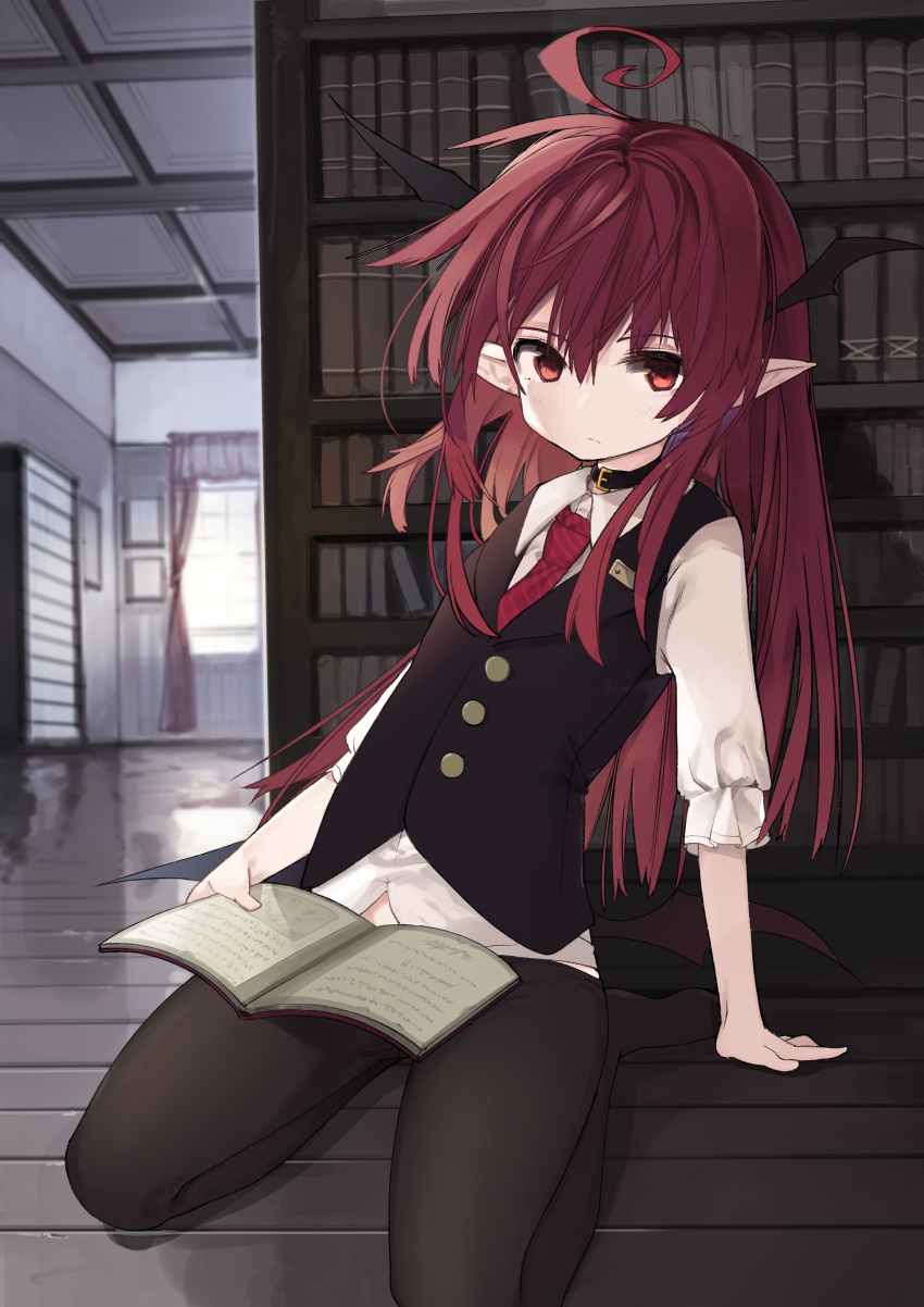 1girl :/ absurdres ahoge aki_maki_yuu black_collar black_legwear black_vest black_wings book bookshelf buttons collar commentary_request curtains demon_wings expressionless head_wings highres indoors koakuma long_hair looking_at_viewer low_wings midriff_peek necktie no_shoes on_floor pantyhose pointy_ears red_eyes red_neckwear redhead reflection shirt sitting solo touhou vest wariza white_shirt window wing_collar wings wooden_floor