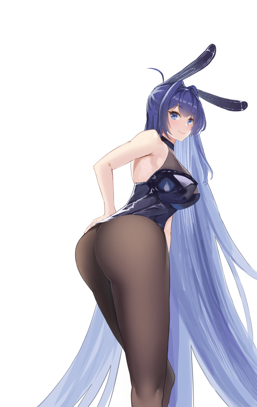 1girl 24kchunshuai absurdres animal_ears ass azur_lane black_legwear blue_eyes blue_hair blue_leotard blush breasts chinese_commentary closed_mouth cowboy_shot eyebrows_visible_through_hair fake_animal_ears from_behind highres large_breasts leaning_forward leotard long_hair looking_at_viewer looking_back new_jersey_(azur_lane) new_jersey_(exhilarating_steps!)_(azur_lane) official_alternate_costume pantyhose playboy_bunny rabbit_ears simple_background sleeveless smile solo straight_hair very_long_hair white_background