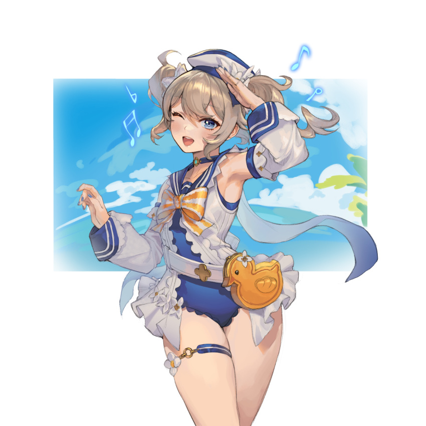 1girl ;d arm_up armpits bag barbara_pegg bird blonde_hair blue_eyes blue_sky choker detached_sleeves dress duck frilled_dress frills genshin_impact hat highres lilithmy long_sleeves looking_at_viewer musical_note nail_polish one-piece_swimsuit one_eye_closed open_mouth sailor_hat sky sleeveless smile solo swimsuit thighs