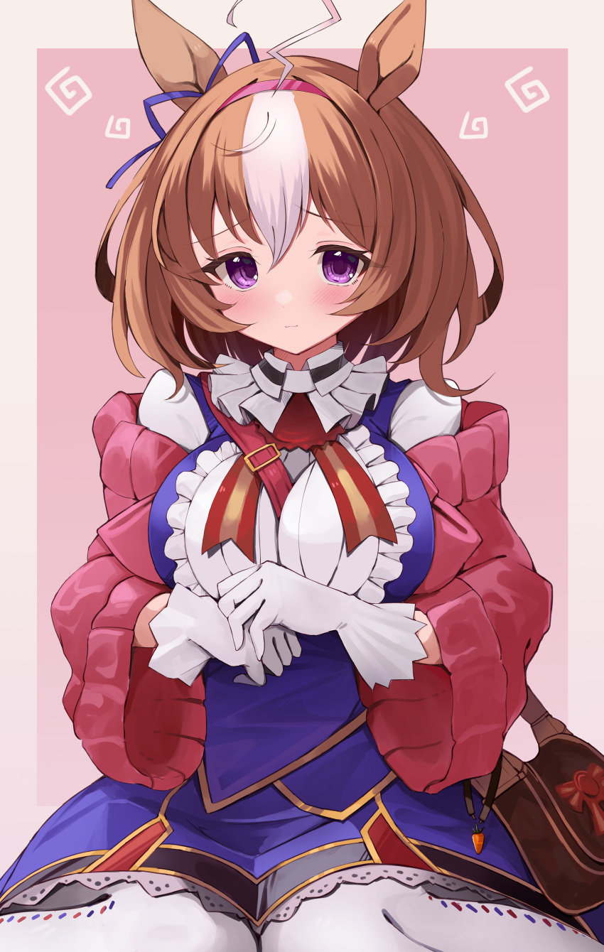 1girl absurdres ahoge animal_ears bag between_breasts blush breasts brown_hair commentary_request hair_ornament headband highres horse_ears horse_girl jacket large_breasts meisho_doto_(umamusume) misonikomi seiza simple_background sitting solo thigh-highs umamusume violet_eyes