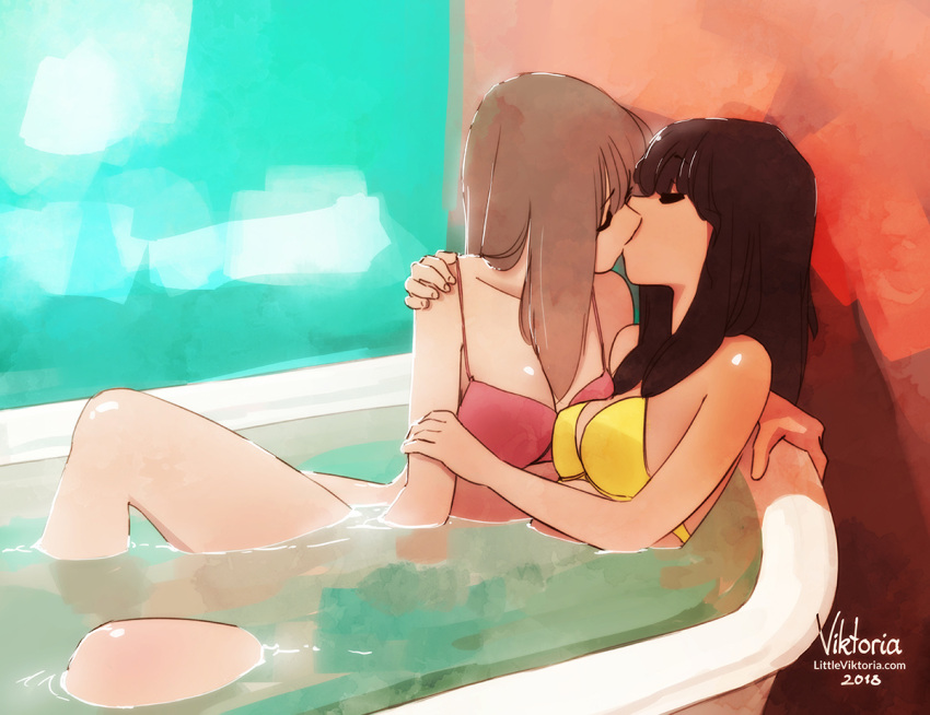 2girls artist_name bare_arms bare_legs bathtub bra breasts brown_hair closed_eyes collarbone commentary english_commentary eyebrows_visible_through_hair hand_between_legs hand_on_another's_arm hand_on_another's_shoulder indoors kiss little_viktoria long_hair medium_breasts mixed_bathing multiple_girls original partially_submerged pink_bra shiny shiny_skin underwear underwear_only watermark web_address yellow_bra yuri