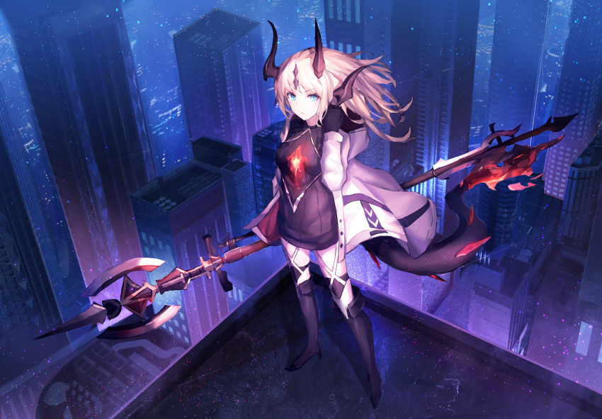 1girl arknights black_footwear black_gloves black_sweater blonde_hair blue_eyes boots building cityscape dragon_girl dragon_horns dragon_tail full_body gloves highres holding holding_spear holding_weapon horns jacket knee_boots long_hair looking_at_viewer open_clothes open_jacket polearm reed_(arknights) skyscraper solo spear standing sweater tail tail-tip_fire weapon white_jacket wind zxcould23