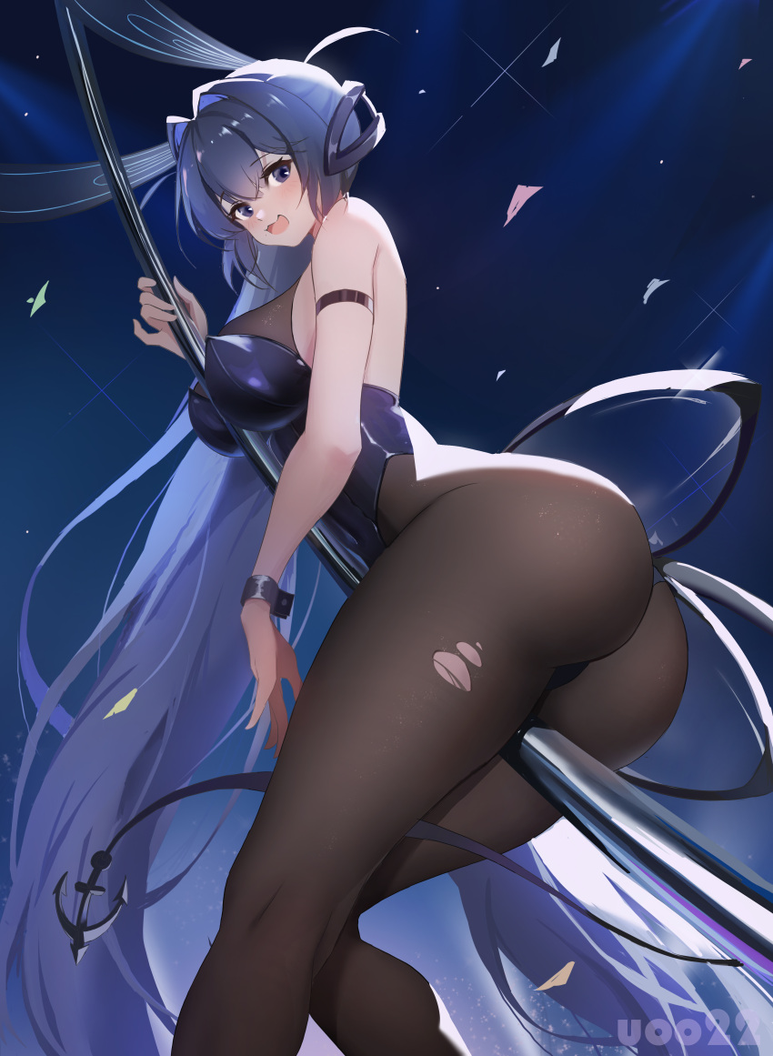 1girl absurdres ahoge anchor_symbol animal_ears arm_strap artist_name ass azur_lane between_breasts between_legs black_legwear blue_eyes blue_hair blue_leotard blush breasts chinese_commentary cowboy_shot eyebrows_visible_through_hair fake_animal_ears from_below hair_between_eyes highres large_breasts leotard light_rays long_hair looking_at_viewer new_jersey_(azur_lane) new_jersey_(exhilarating_steps!)_(azur_lane) official_alternate_costume open_mouth pantyhose playboy_bunny rabbit_ears signature smile solo stage_lights stripper_pole thighs torn_clothes torn_legwear very_long_hair wrist_cuffs yuuri_vv