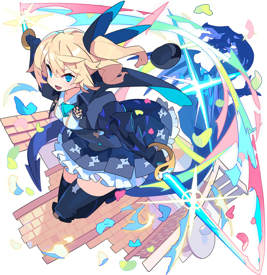 1girl artist_request ascot black_cape black_gloves black_headwear black_jacket black_legwear black_ribbon black_skirt blonde_hair blue_eyes blue_neckwear blush breasts cape collared_jacket collared_shirt cropped_jacket dragon dual_wielding dutch_angle frilled_skirt frills full_body gauntlets glint gloves hair_ribbon happy hat hat_removed headwear_removed highres holding holding_sword holding_weapon jacket light_blush long_hair looking_at_viewer looking_to_the_side miniskirt non-web_source official_art one_side_up open_mouth outdoors outstretched_arms petals pleated_skirt puffy_sleeves ribbon running shiny shiny_hair shirt silty_(world_flipper) skirt small_breasts smile solo_focus sword thigh-highs tied_hair transparent_background two-sided_cape two-sided_fabric v-shaped_eyebrows weapon white_shirt world_flipper zettai_ryouiki