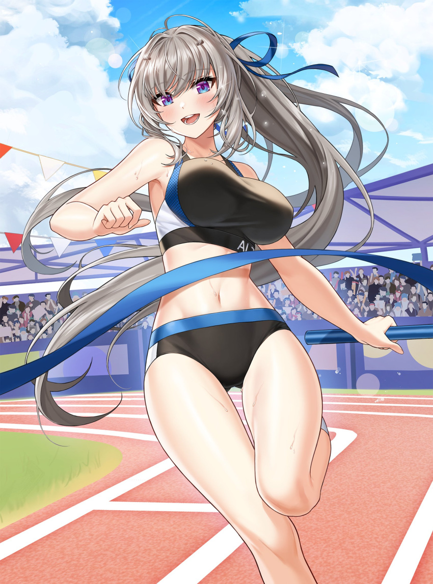 1girl 2qba :d absurdres armpits bare_arms bare_shoulders black_buruma blue_eyes blue_ribbon breasts buruma counter_side crop_top day floating_hair grey_hair hair_ornament hair_ribbon highres large_breasts leg_up long_hair looking_at_viewer midriff navel open_mouth outdoors ponytail ribbon running seo_yoon sleeveless smile solo sports_bra stomach sweat thighs track_and_field very_long_hair