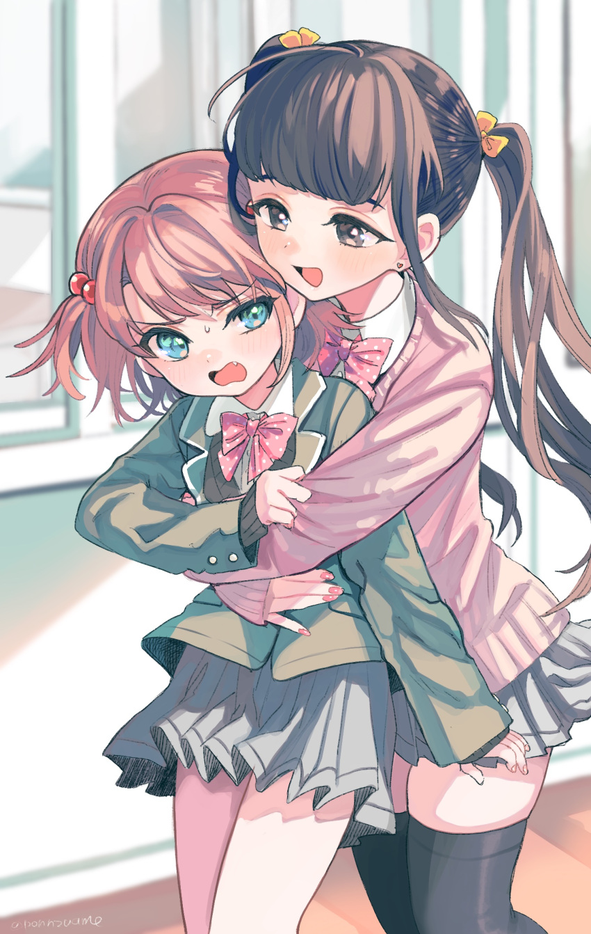 2girls :d amezawa_koma black_legwear blush bow bowtie brown_eyes brown_hair cardigan copyright_request earrings fang fingernails green_jacket grey_skirt hair_bobbles hair_bow hair_ornament heart heart_earrings highres hug hug_from_behind jacket jewelry long_sleeves miniskirt multiple_girls nail_polish open_mouth pink_bow pink_cardigan pink_nails pink_neckwear pleated_skirt polka_dot polka_dot_bow short_hair skirt smile thigh-highs twintails yellow_bow zettai_ryouiki