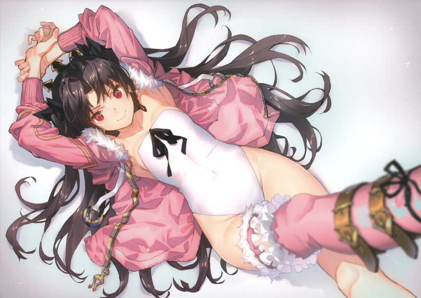 1girl absurdres armpits arms_up asymmetrical_legwear bangs black_hair breasts covered_navel earrings fate/grand_order fate_(series) frills fur-trimmed_legwear fur_trim highleg highleg_leotard highres hoop_earrings ishtar_(fate)_(all) ishtar_(swimsuit_rider)_(fate) jacket jewelry leotard lips long_hair long_legs long_sleeves looking_at_viewer lying on_back open_clothes open_jacket pink_jacket pink_legwear red_eyes saitou_masatsugu scan shadow shiny shiny_hair simple_background single_thighhigh smile solo thigh-highs tiara twintails white_background white_leotard zipper zipper_pull_tab