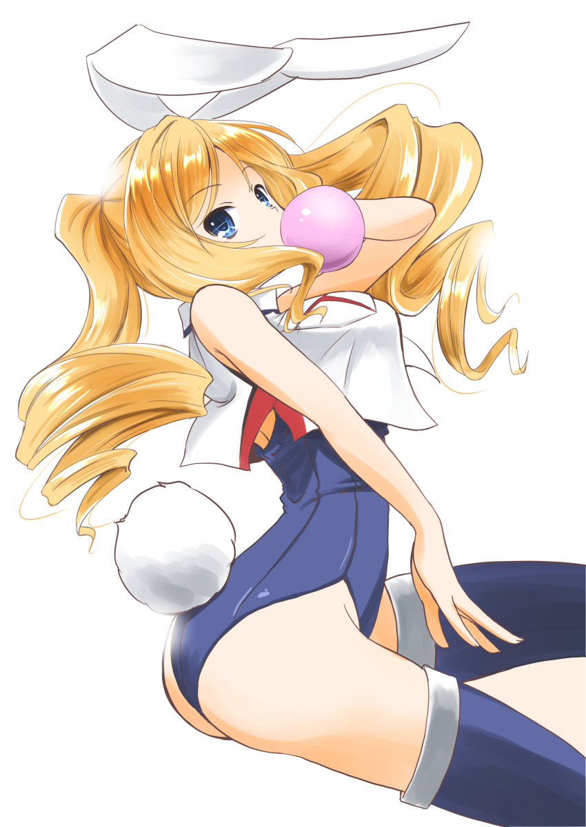 1girl absurdres adapted_costume animal_ears blonde_hair blue_eyes blue_legwear blue_leotard breasts bubble_blowing bunny_tail chewing_gum commentary_request crop_top drill_hair highres honolulu_(kancolle) kantai_collection large_breasts leotard long_hair looking_at_viewer one-hour_drawing_challenge playboy_bunny rabbit_ears simple_background sleeveless solo tail taisinkoku thigh-highs twin_drills twintails white_background