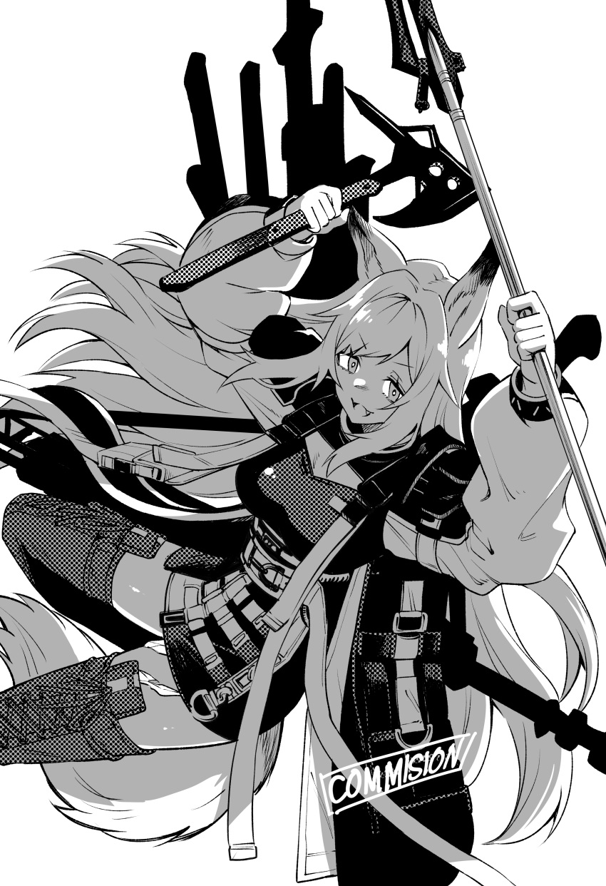1girl absurdres animal_ears arknights axe bangs breasts brown_hair ceobe_(arknights) dog_ears dog_tail eyebrows_visible_through_hair fang feet_out_of_frame greyscale hair_between_eyes highres holding holding_axe holding_staff jacket long_hair long_sleeves monochrome open_mouth smile solo staff tail thigh-highs toxin000x very_long_hair weapon