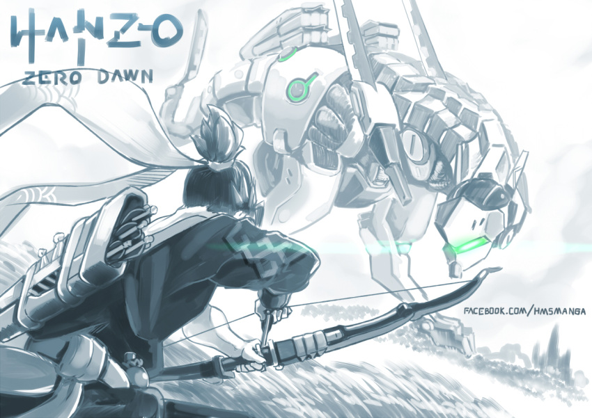 1boy arrow_(projectile) bow bow_(weapon) character_name copyright_name crossover facebook_username genji_(overwatch) glowing glowing_eyes grass greyscale hanzo_(overwatch) hm_(hmongt) holding holding_bow holding_weapon horizon_zero_dawn lens_flare looking_at_another male_focus mecha monochrome outdoors overwatch ponytail quiver solo tree weapon wind