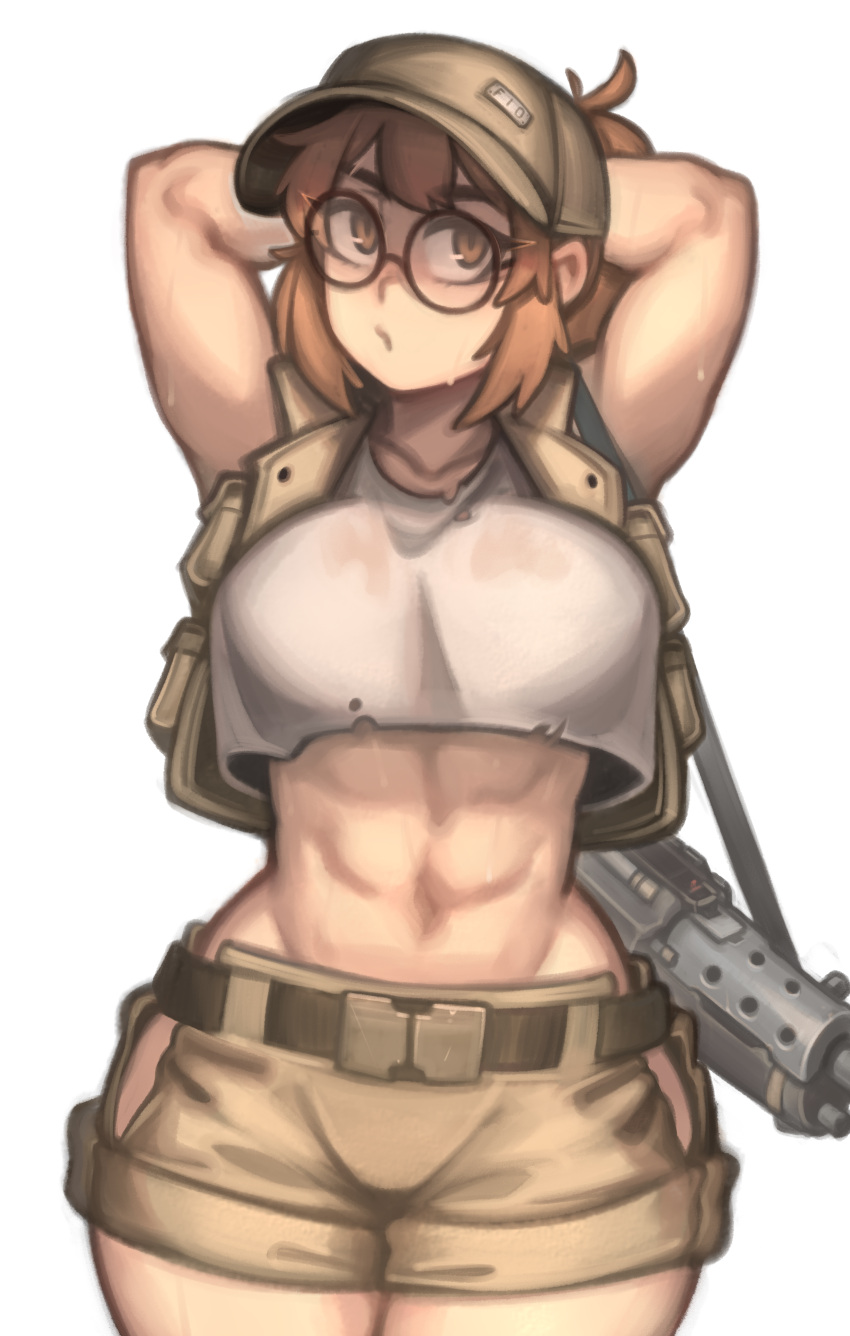 1girl abs absurdres arms_up bangs brown_eyes brown_hair brown_headwear brown_shorts commentary cowboy_shot crop_top crop_top_overhang fio_germi glasses groin gun hat highres kelvin_hiu long_hair metal_slug rifle round_eyewear shirt shorts sidelocks simple_background solo vest weapon white_background white_shirt